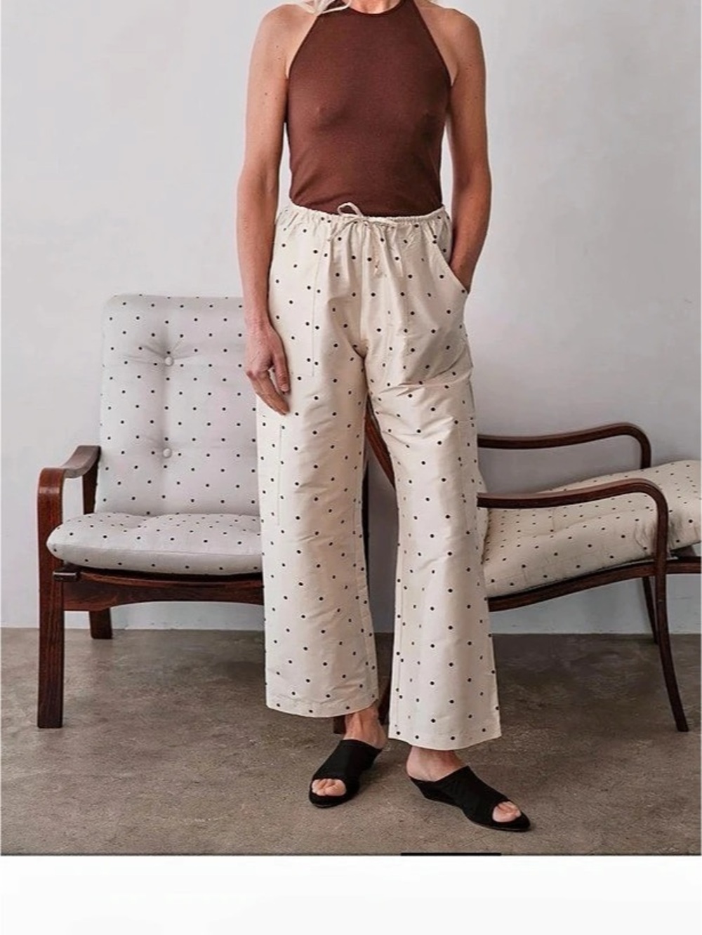 DONNI. The Silk Taffeta Cargo Pant. Wide Leg Polka Dot Pants in Cream size LARGE